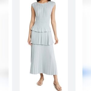 Rebecca Taylor Shirring Tier Pale Blue Green Maxi Dress Modal S